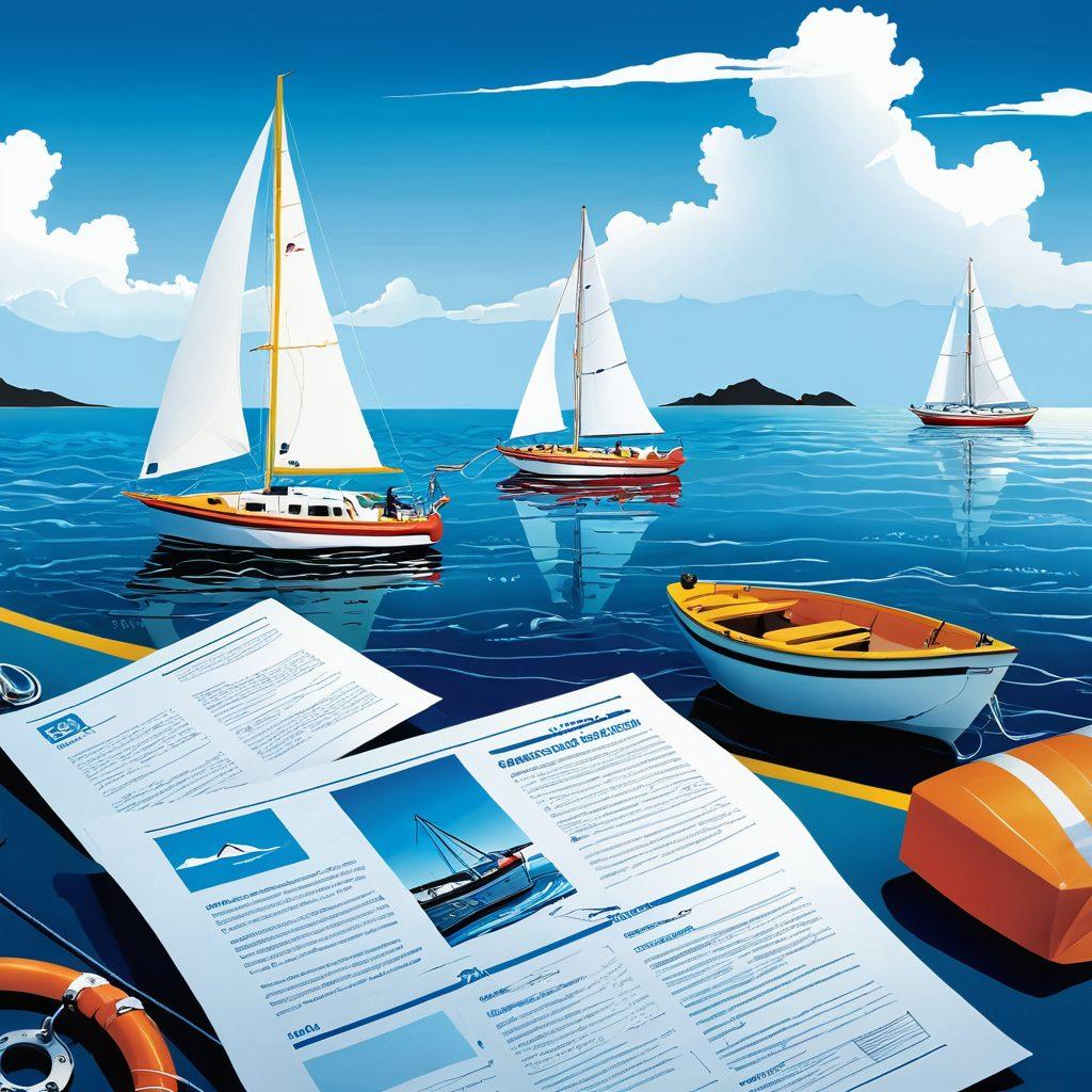 A serene nautical scene showcasing a variety of boats on a shimmering blue sea, with a backdrop of rolling waves and a clear sky. Include a confident adventurer examining a detailed insurance policy brochure while surrounded by sailing equipment and safety gear. Incorporate elements of adventure, security, and the thrill of the open water to convey the importance of choosing the right insurance. colorful illustration. vibrant colors. 3D.