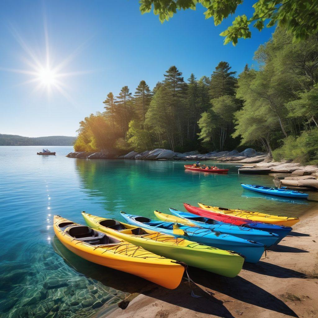 A serene lakeside scene featuring a variety of boats such as kayaks, sailboats, and speedboats, each with colorful insurance-themed life jackets hanging on them. A cheerful family enjoying a sunny day on the water, contrasting with a wise old captain studying a map of insurance options. Bright blue waters reflecting the sun, with gentle waves and lush greenery in the background. vibrant colors. super-realistic.