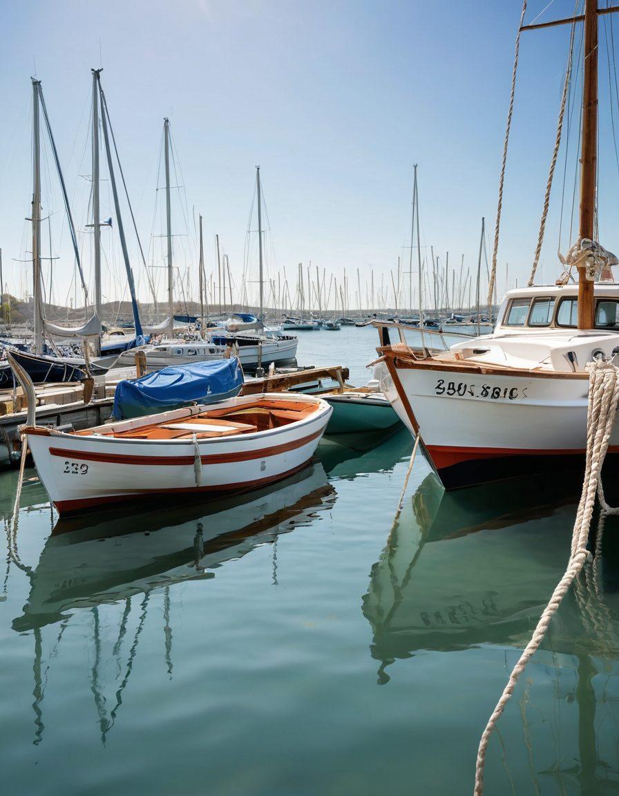 A serene marina scene showcasing diverse boats anchored near a waterfront. In the foreground, a worried boat owner examines a damaged hull, contemplating insurance documents with a backdrop of calm waters. Vivid sunlight reflects off the water, emphasizing the tranquility despite the concern. Include nautical elements like ropes and life jackets scattered around. super-realistic. vibrant colors. white background.